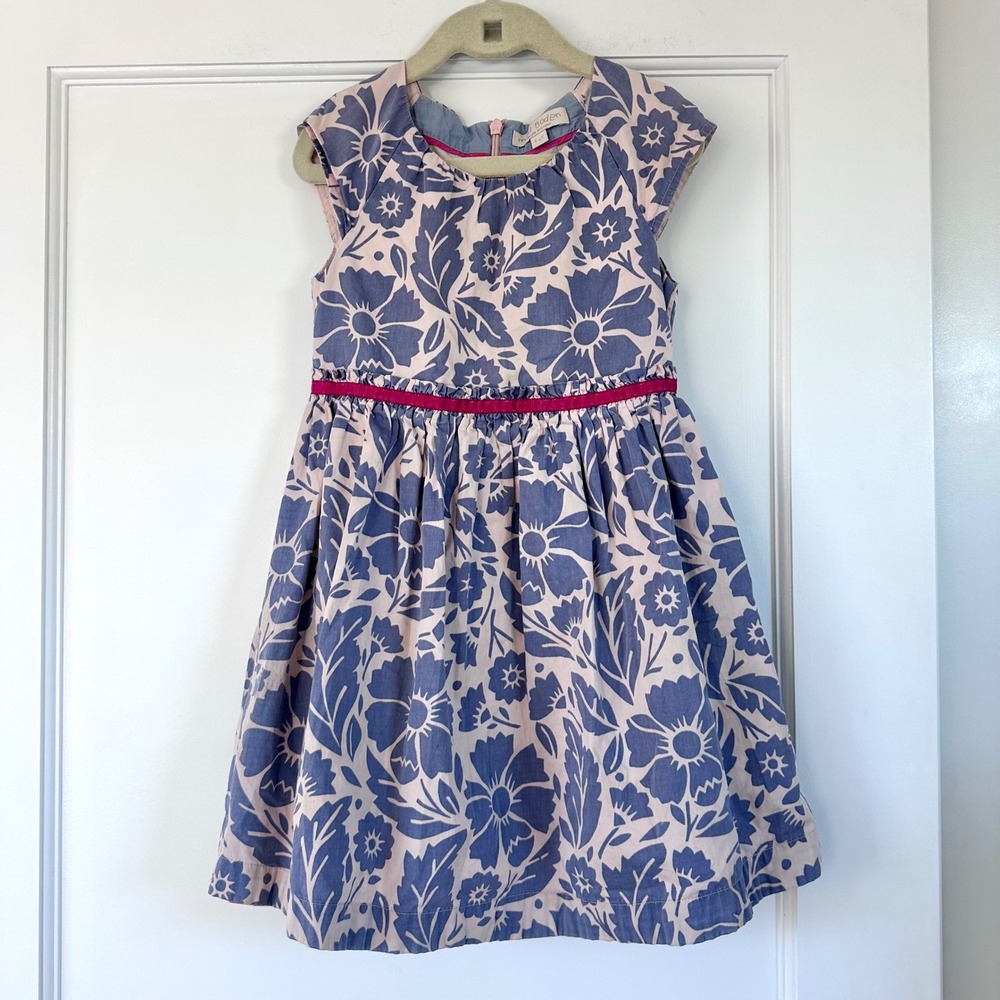 Mini Boden Girls Blue‎ Pink Floral Easter Dress Cap Sleeve Ruffle 4-5Y